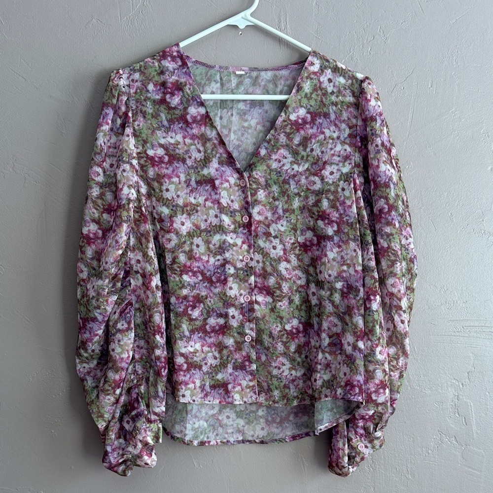 Floral Button-up Blouse - Pink and Green with Puff Sleeves, Size Large